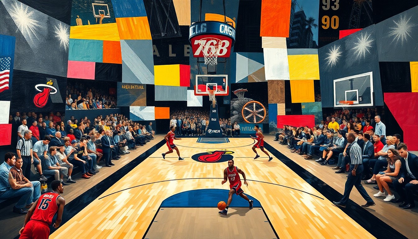 A fragmented, geometric painting depicting a basketball game in motion, with players and the court rendered in sharp, overlapping planes of color and form, conveying the dynamic tension of the Sixers-Heat matchup.