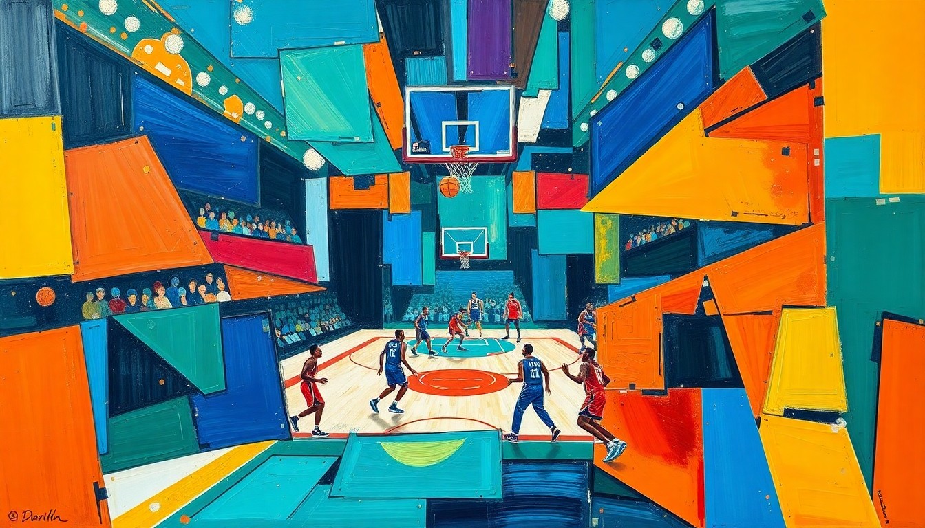 A cubist-style painting featuring overlapping geometric shapes and planes in vibrant colors, conceptually representing the backlash and controversy surrounding the Washington Wizards