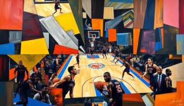 A fragmented, geometric painting depicting the action and movement of a basketball game, with players and the court broken down into sharp, overlapping shapes and planes of color.