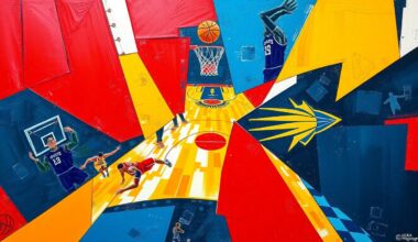 A cubist, geometric painting depicting overlapping basketball players and court elements in the official colors of the San Antonio Spurs and Indiana Pacers, capturing the dynamic energy and competitive spirit of the game.