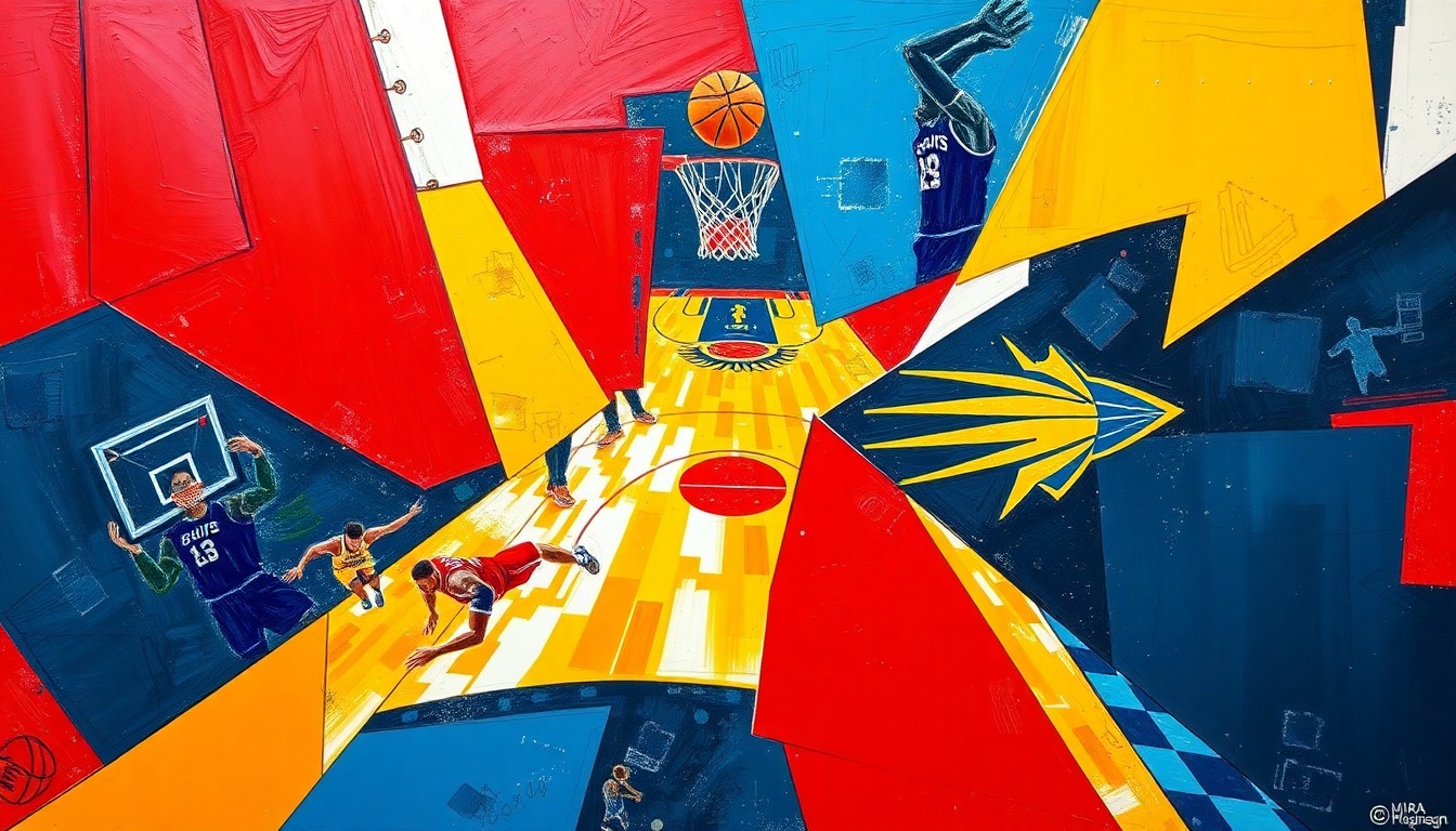 A cubist, geometric painting depicting overlapping basketball players and court elements in the official colors of the San Antonio Spurs and Indiana Pacers, capturing the dynamic energy and competitive spirit of the game.