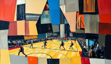 A cubist-style painting depicting a fragmented basketball court scene, with players and the ball broken down into sharp, overlapping geometric shapes in a vibrant color palette.
