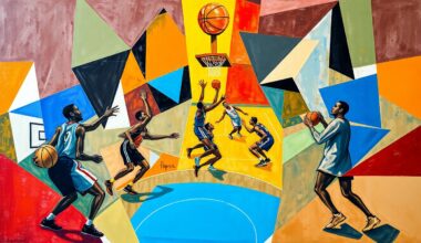 A cubist, geometric painting depicting the dynamic motion and energy of a basketball game, with the players