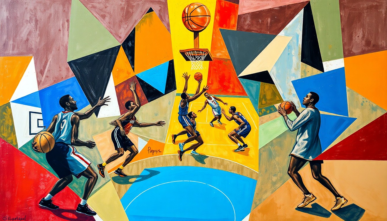 A cubist, geometric painting depicting the dynamic motion and energy of a basketball game, with the players