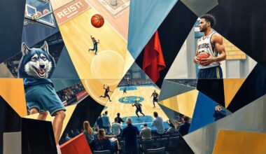 A cubist, geometric painting depicting a basketball game between the Minnesota Timberwolves and New Orleans Pelicans, with the players and court broken down into sharp, overlapping shapes and planes.