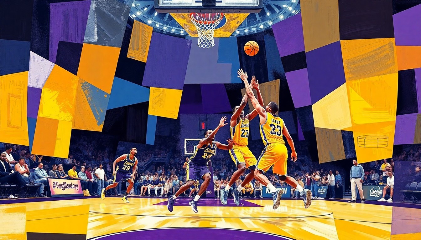 A cubist, geometric painting depicting a Lakers basketball game, with the players and court broken down into sharp, overlapping planes of purple, gold, and other vibrant colors, capturing the team