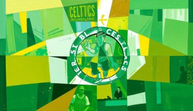 A cubist, geometric painting depicting a Celtics basketball game, with sharp, overlapping planes of green and gold colors representing the dynamic action on the court.