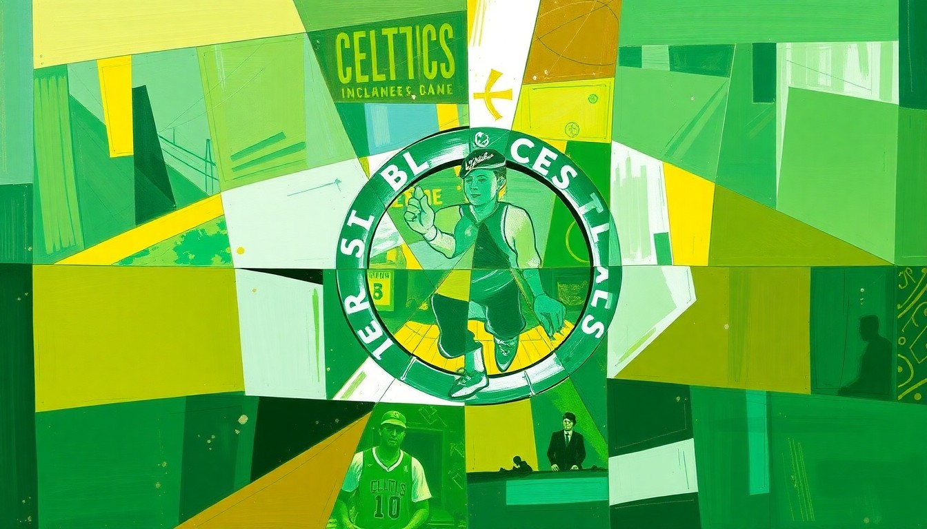 A cubist, geometric painting depicting a Celtics basketball game, with sharp, overlapping planes of green and gold colors representing the dynamic action on the court.