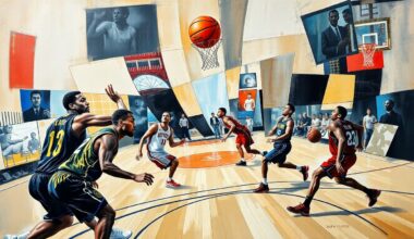 A fractured, multi-perspective painting depicting a basketball game, with players and the ball broken down into sharp, overlapping geometric shapes and planes, creating a dynamic, abstract composition.
