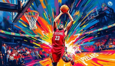An abstract, energetic painting with bold, neon-colored brushstrokes capturing the intensity and movement of a basketball game, conceptually representing the Pelicans