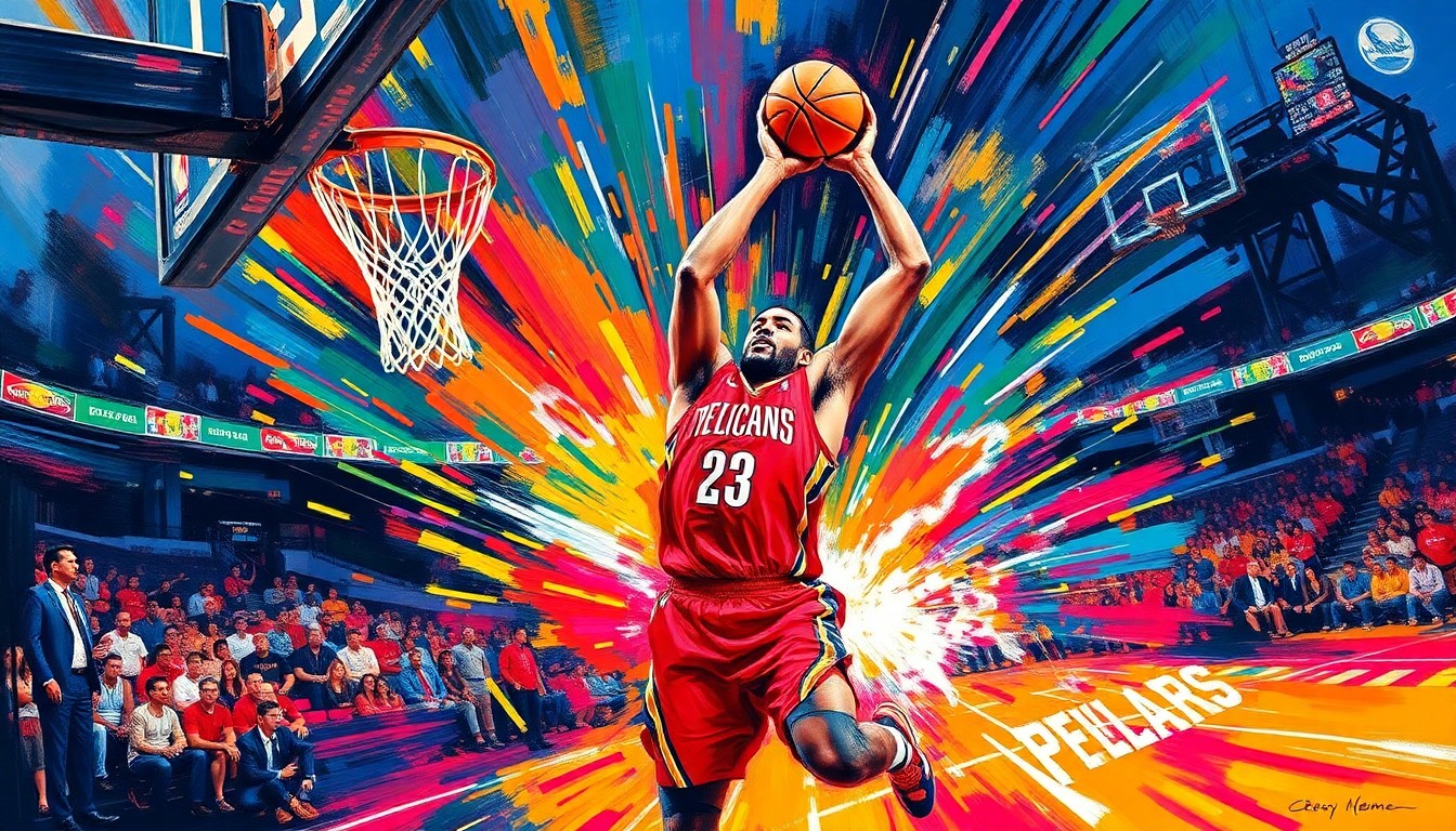 An abstract, energetic painting with bold, neon-colored brushstrokes capturing the intensity and movement of a basketball game, conceptually representing the Pelicans