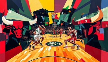 A fragmented, geometric painting depicting the intense action and competition of a basketball game between the Chicago Bulls and Milwaukee Bucks, with the teams