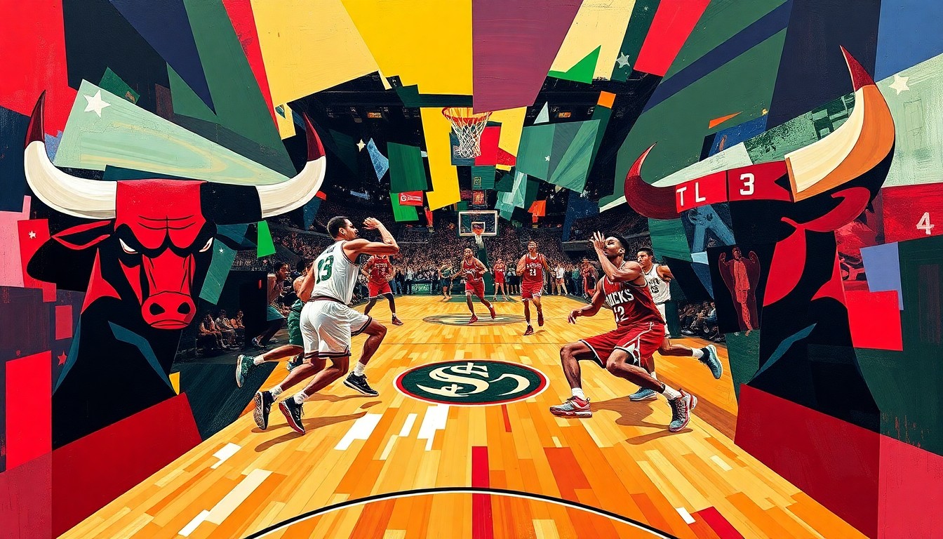 A fragmented, geometric painting depicting the intense action and competition of a basketball game between the Chicago Bulls and Milwaukee Bucks, with the teams