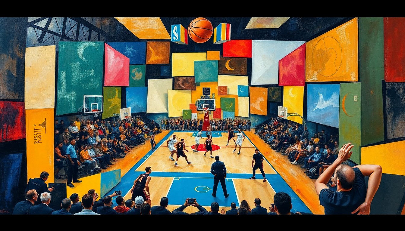 A cubist-style painting featuring overlapping geometric shapes and planes in shades of orange, purple, and blue, conceptually representing the dynamic action and energy of a basketball game.