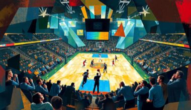 A fractured, cubist-style painting depicting a basketball game, with the players