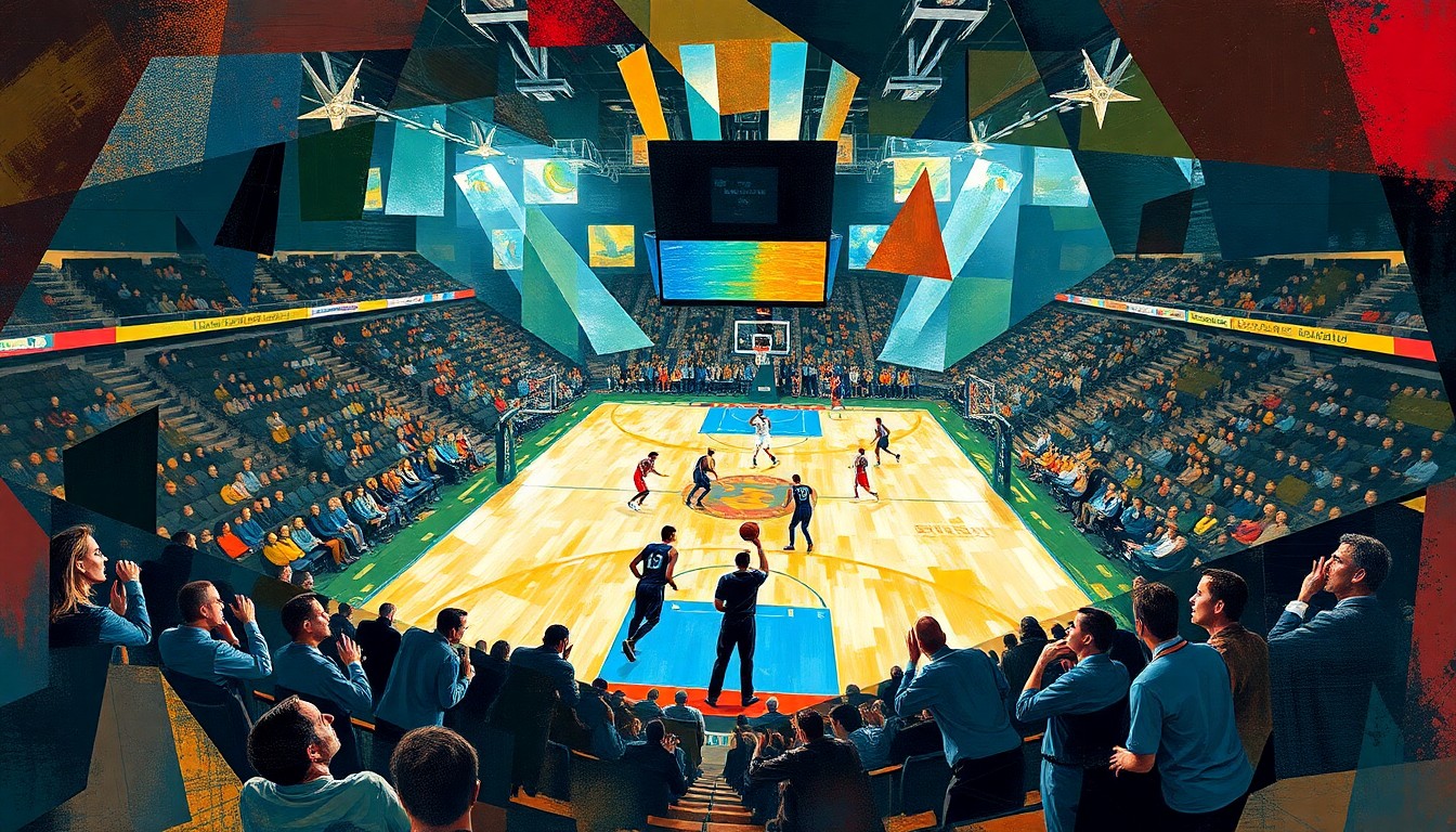 A fractured, cubist-style painting depicting a basketball game, with the players