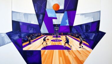 A fractured, multi-perspective painting in the style of Pablo Picasso, breaking a basketball game down into sharp, overlapping geometric planes of vibrant team colors like royal purple, silver, and white, conceptually representing the Kings