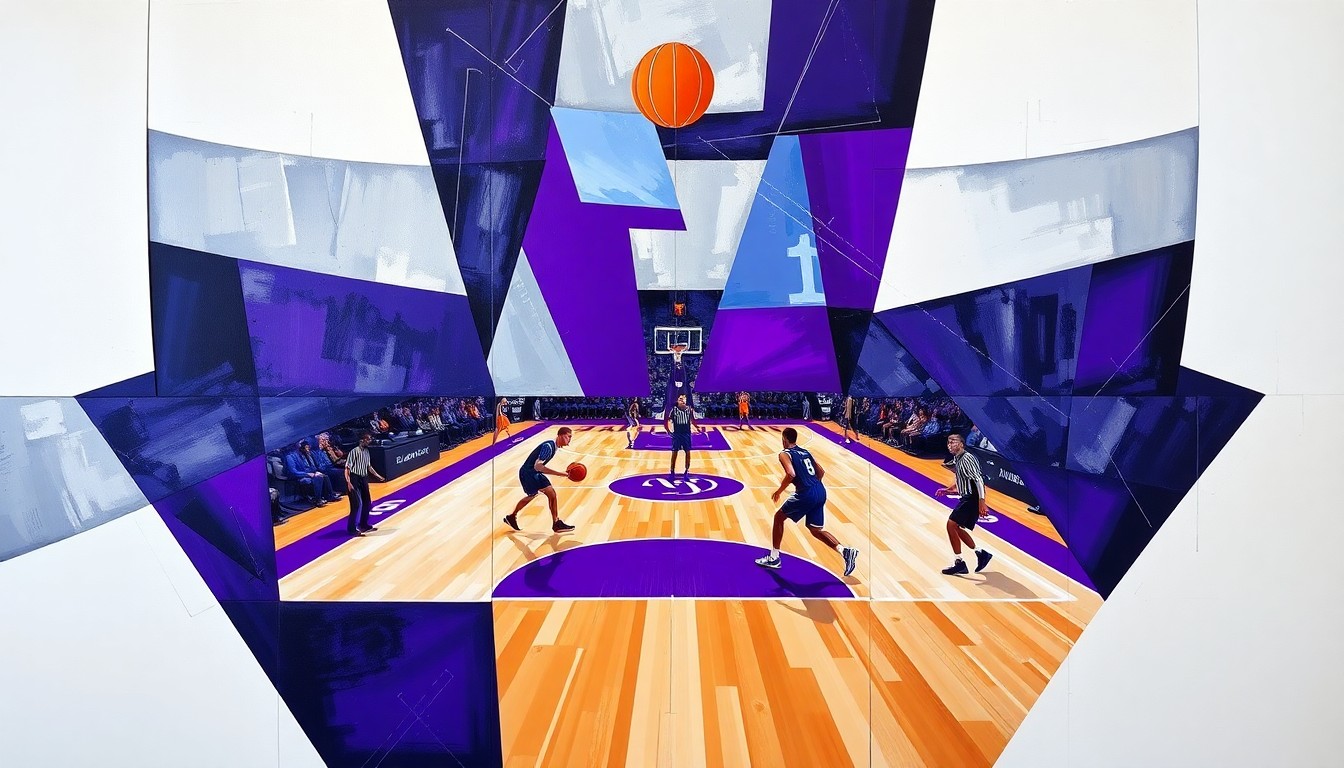 A fractured, multi-perspective painting in the style of Pablo Picasso, breaking a basketball game down into sharp, overlapping geometric planes of vibrant team colors like royal purple, silver, and white, conceptually representing the Kings