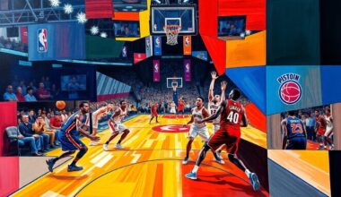 A fractured, multi-perspective painting in bold, geometric shapes and colors, representing the chaotic and intense overtime basketball game between the Cleveland Cavaliers and Detroit Pistons.