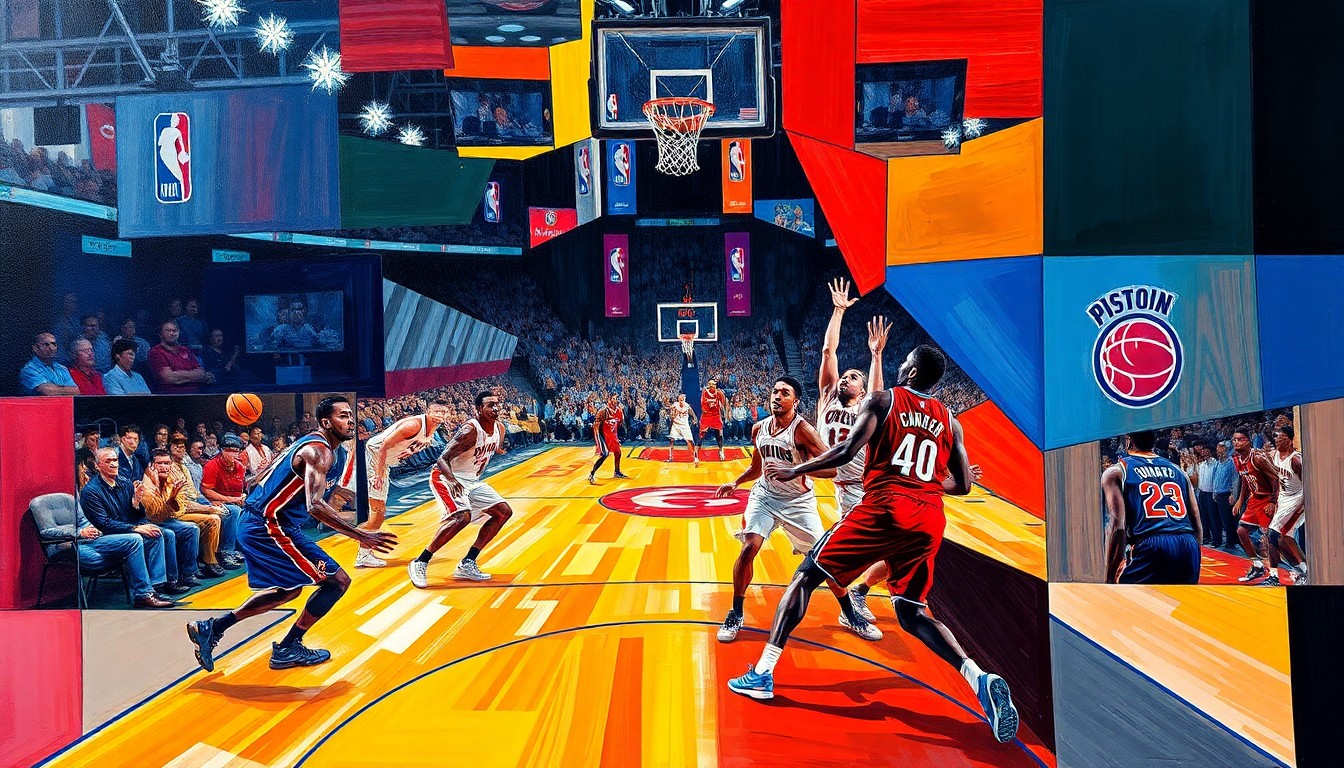 A fractured, multi-perspective painting in bold, geometric shapes and colors, representing the chaotic and intense overtime basketball game between the Cleveland Cavaliers and Detroit Pistons.