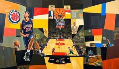 A fragmented, geometric painting depicting a basketball game in motion, with sharp, overlapping shapes and planes representing the competitive energy of the Pistons-Pacers matchup.