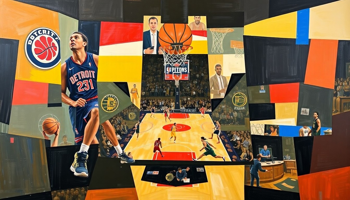 A fragmented, geometric painting depicting a basketball game in motion, with sharp, overlapping shapes and planes representing the competitive energy of the Pistons-Pacers matchup.