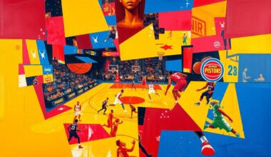 A cubist-style painting depicting a basketball game, with the players and court broken down into overlapping geometric shapes and planes of vibrant red, blue, and yellow colors, capturing the energy and intensity of the match.