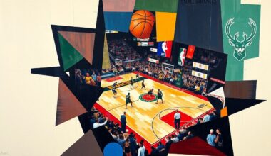 A cubist-style painting featuring overlapping geometric shapes and planes in shades of blue, red, and yellow, conceptually representing the competitive clash between the 76ers and Bucks as the NBA regular season comes to a close.