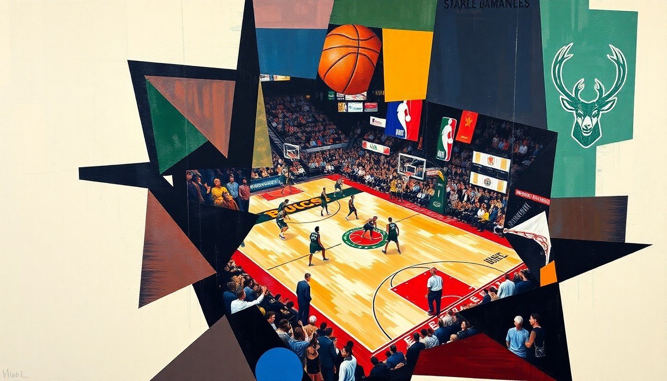 A cubist-style painting featuring overlapping geometric shapes and planes in shades of blue, red, and yellow, conceptually representing the competitive clash between the 76ers and Bucks as the NBA regular season comes to a close.