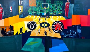 A fractured, multi-perspective painting depicting a basketball game between two teams, with the players and court broken down into sharp, overlapping geometric shapes and planes of vibrant colors.