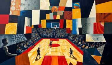 A dynamic, abstract painting featuring sharp, overlapping geometric shapes and planes in vibrant colors, conceptually representing the competitive spirit and unpredictable nature of a basketball game featuring fringe NBA players.