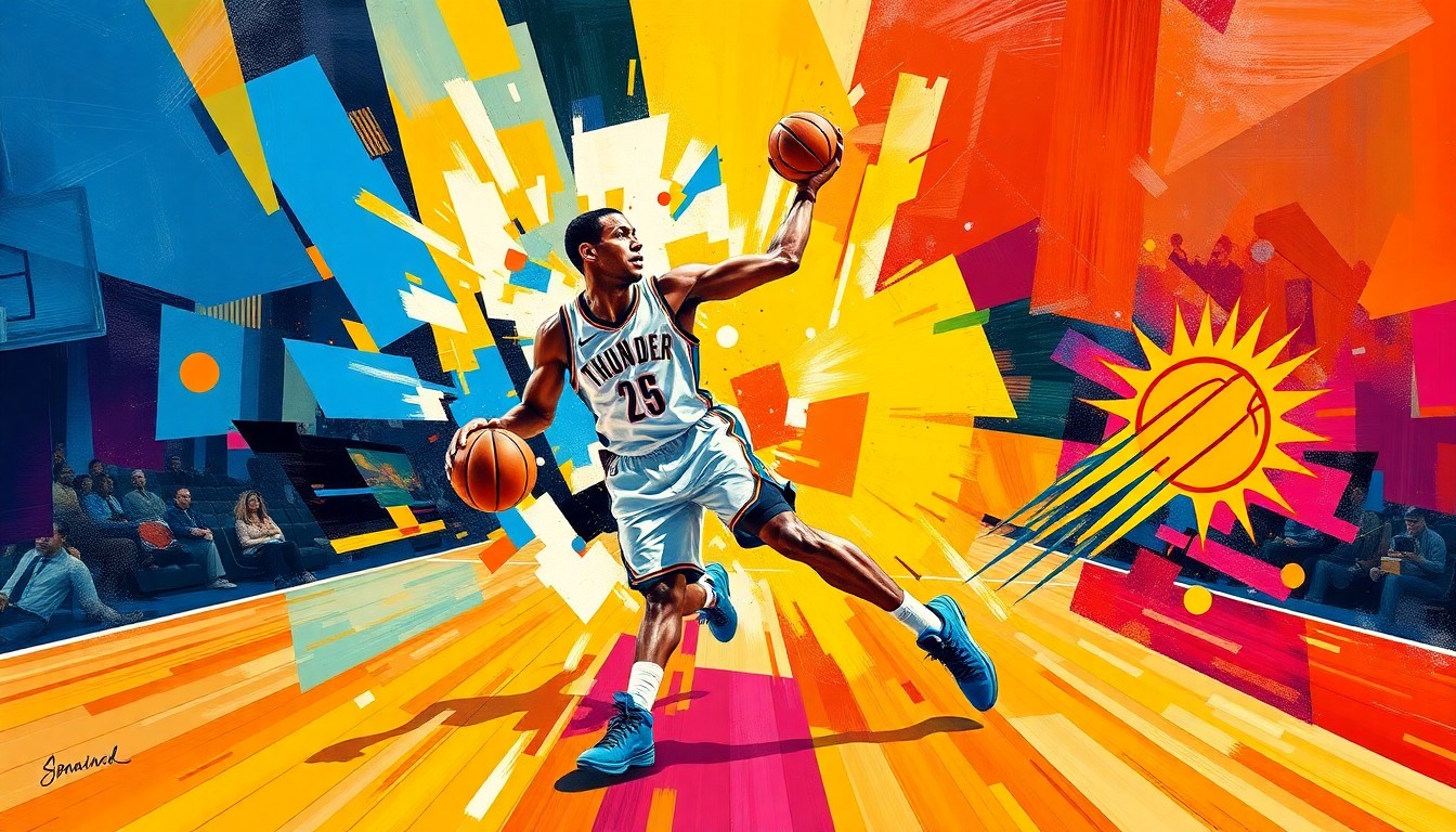 A fractured, multi-perspective painting in bold, clashing colors depicting the movements and energy of a basketball player, conceptually representing the absence of the Thunder