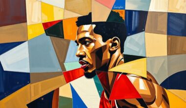 A cubist, geometric painting depicting Jaylen Brown