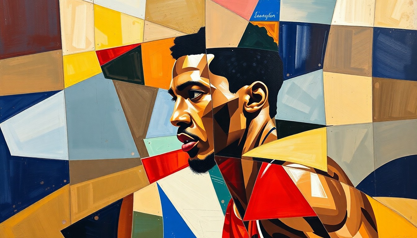 A cubist, geometric painting depicting Jaylen Brown