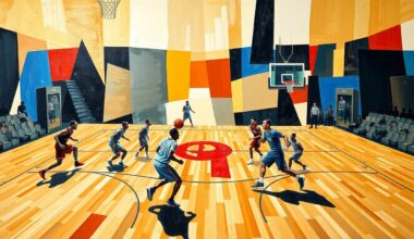A cubist, geometric painting depicting the dynamic movements and energy of a basketball game, with players and court lines fractured into sharp, overlapping planes of color and shape.