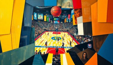 A cubist-style painting depicting a basketball game in a fractured, geometric style, with overlapping planes of color and shape representing the players and action on the court.