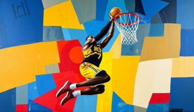 A cubist-style painting featuring sharp, overlapping geometric planes in a vibrant color palette of blues, reds, and yellows, conceptually representing the raw energy and athleticism of NBA superstar LeBron James.