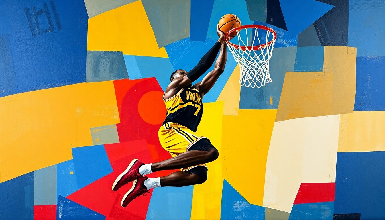 A cubist-style painting featuring sharp, overlapping geometric planes in a vibrant color palette of blues, reds, and yellows, conceptually representing the raw energy and athleticism of NBA superstar LeBron James.