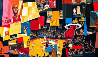 A cubist-style painting depicting fragmented, overlapping geometric shapes in shades of orange, red, and blue, representing the action and energy of a basketball game between two teams.