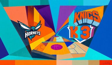 A cubist, geometric painting depicting a basketball game with overlapping shapes and planes in the team colors of the Charlotte Hornets and New York Knicks, capturing the energy and movement of the sport.