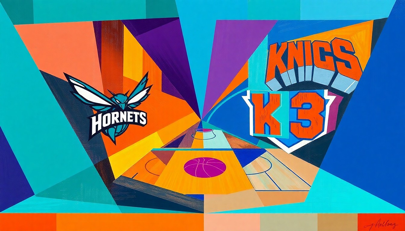 A cubist, geometric painting depicting a basketball game with overlapping shapes and planes in the team colors of the Charlotte Hornets and New York Knicks, capturing the energy and movement of the sport.
