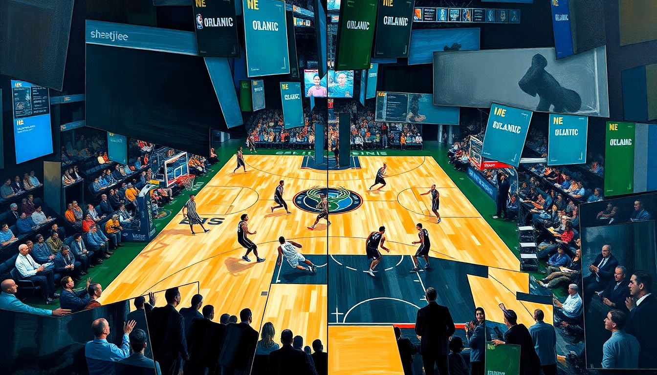 A fractured, geometric painting depicting the dynamic movements and energy of a basketball game between the Orlando Magic and Milwaukee Bucks, with the players