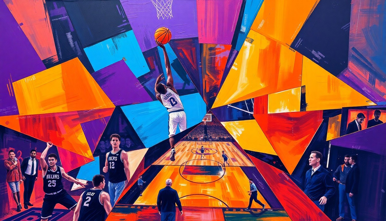 A fractured, multi-perspective painting in bold, vibrant colors depicting a basketball game or match broken down into sharp, overlapping geometric planes, conceptually representing the high-stakes intensity of the Suns