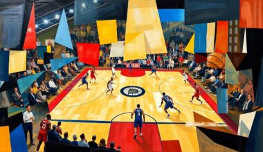 An abstract, cubist-style painting depicting a basketball game between the Detroit Pistons and Indiana Pacers. The players
