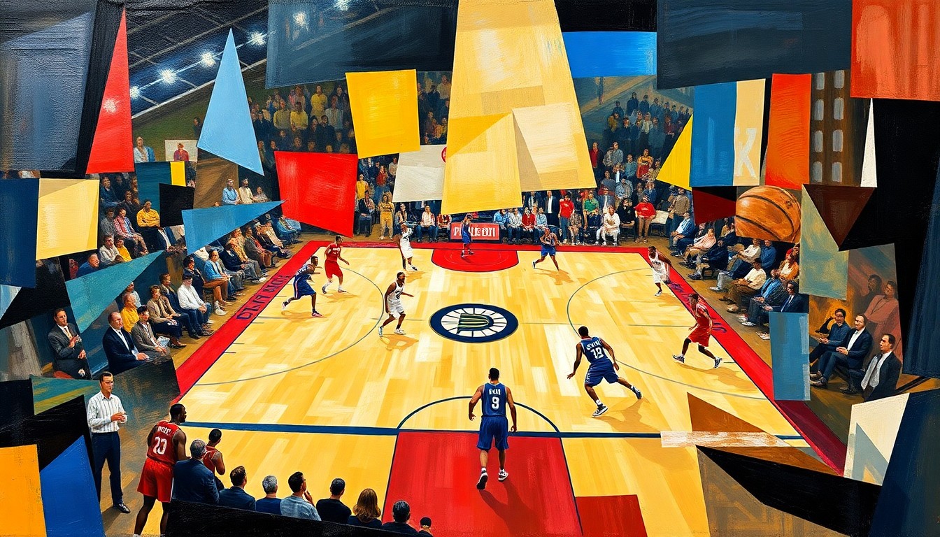 An abstract, cubist-style painting depicting a basketball game between the Detroit Pistons and Indiana Pacers. The players