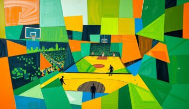 A cubist, geometric painting depicting a fragmented basketball court scene, with players and the ball broken down into sharp, overlapping shapes in a vibrant color palette.