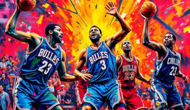 An abstract, expressionist painting featuring vibrant neon brushstrokes and splatters of color, capturing the raw energy and intensity of an NBA basketball game between the Houston Rockets and Chicago Bulls.