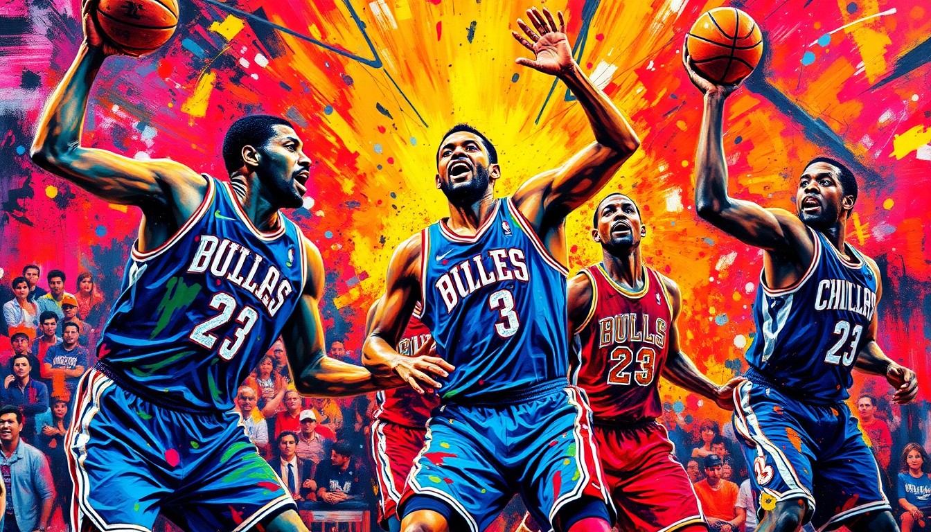 An abstract, expressionist painting featuring vibrant neon brushstrokes and splatters of color, capturing the raw energy and intensity of an NBA basketball game between the Houston Rockets and Chicago Bulls.