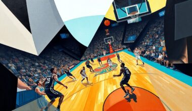 A cubist-style painting depicting a basketball game between the Charlotte Hornets and San Antonio Spurs, with the players