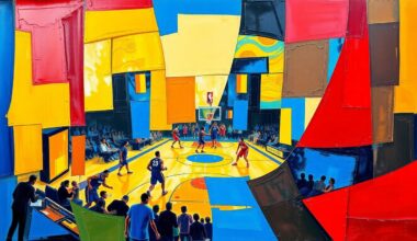 A fragmented, geometric painting depicting a basketball game or broadcast scene, with sharp, overlapping shapes and planes in vibrant colors, conveying the excitement and change surrounding a veteran sportscaster